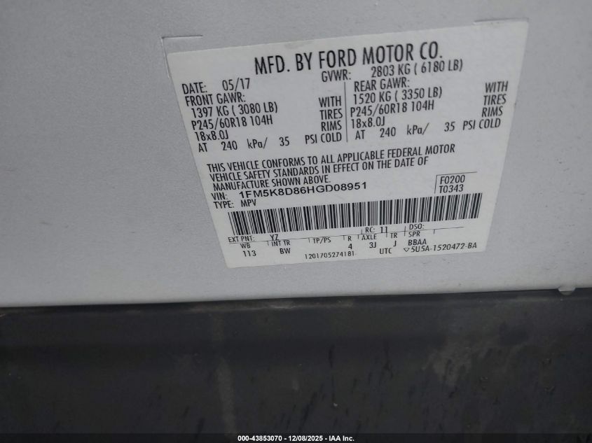 2017 Ford Explorer Xlt VIN: 1FM5K8D86HGD08951 Lot: 43853070