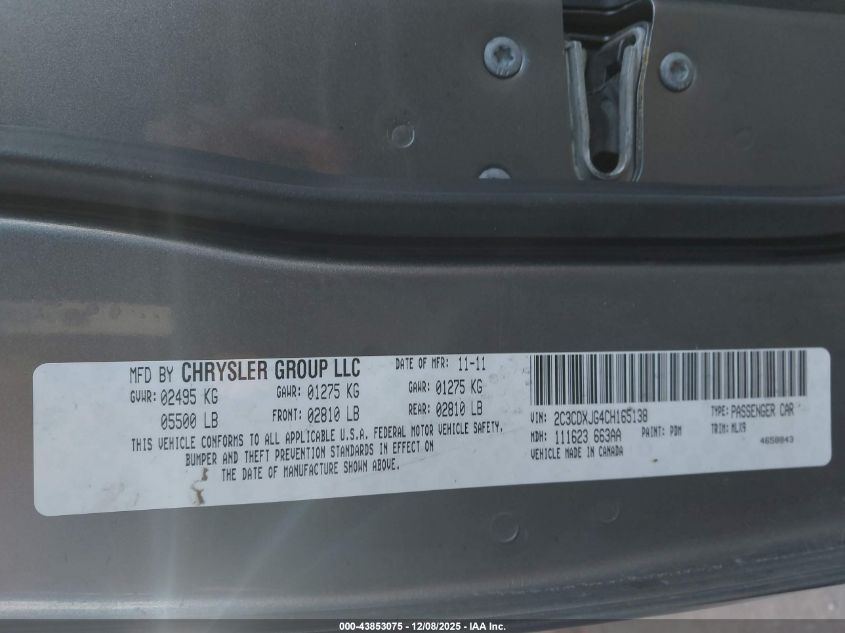 2012 Dodge Charger Sxt VIN: 2C3CDXJG4CH165138 Lot: 43853075