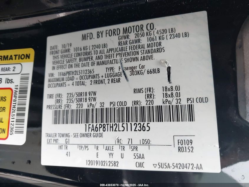 2020 Ford Mustang Ecoboost Premium Fastback VIN: 1FA6P8TH2L5112365 Lot: 43853078