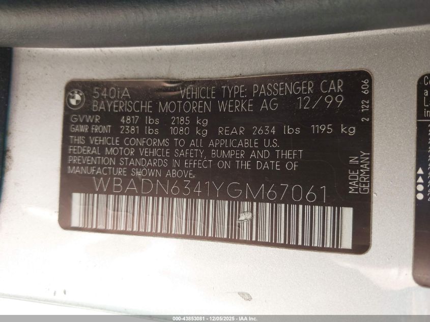 2000 BMW 540Ia VIN: WBADN6341YGM67061 Lot: 43853081