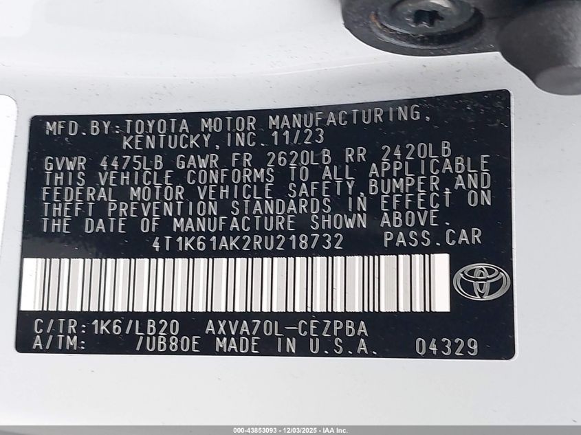 2024 Toyota Camry Xse VIN: 4T1K61AK2RU218732 Lot: 43853093