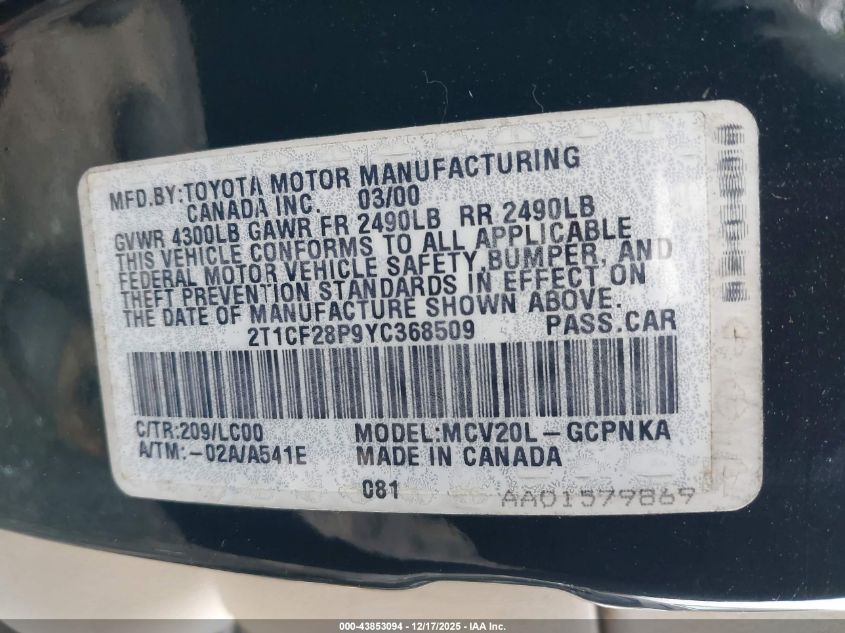 2000 Toyota Camry Solara Sle V6 VIN: 2T1CF28P9YC368509 Lot: 43853094