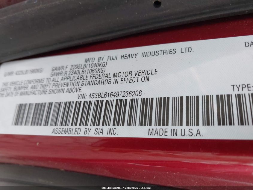 2009 Subaru Legacy 2.5I VIN: 4S3BL616497236208 Lot: 43853096