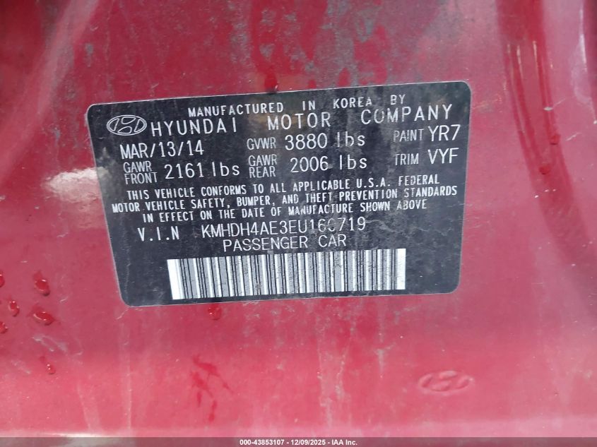 2014 Hyundai Elantra Limited VIN: KMHDH4AE3EU160719 Lot: 43853107