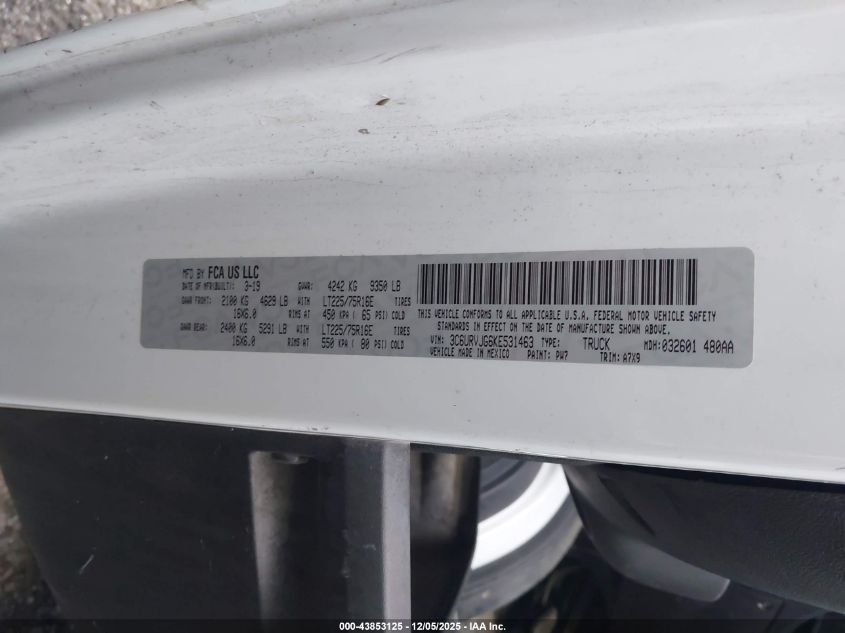 2019 Ram Promaster 3500 Cargo Van High Roof 159 Wb Ext VIN: 3C6URVJG6KE531463 Lot: 43853125