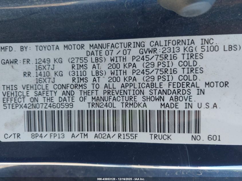 2007 Toyota Tacoma VIN: 5TEPX42N07Z460599 Lot: 43853128