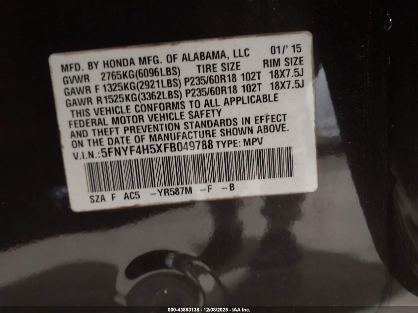 2015 Honda Pilot Ex-L VIN: 5FNYF4H5XFB049788 Lot: 43853138
