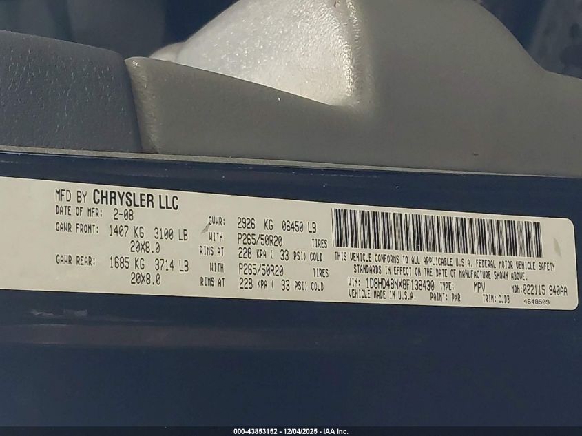 2008 Dodge Durango Slt VIN: 1D8HD48NX8F138430 Lot: 43853152