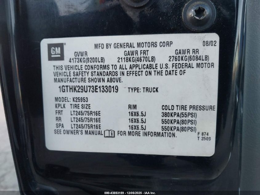 1GTHK29U73E133019 2003 GMC SIERRA photo no. 9