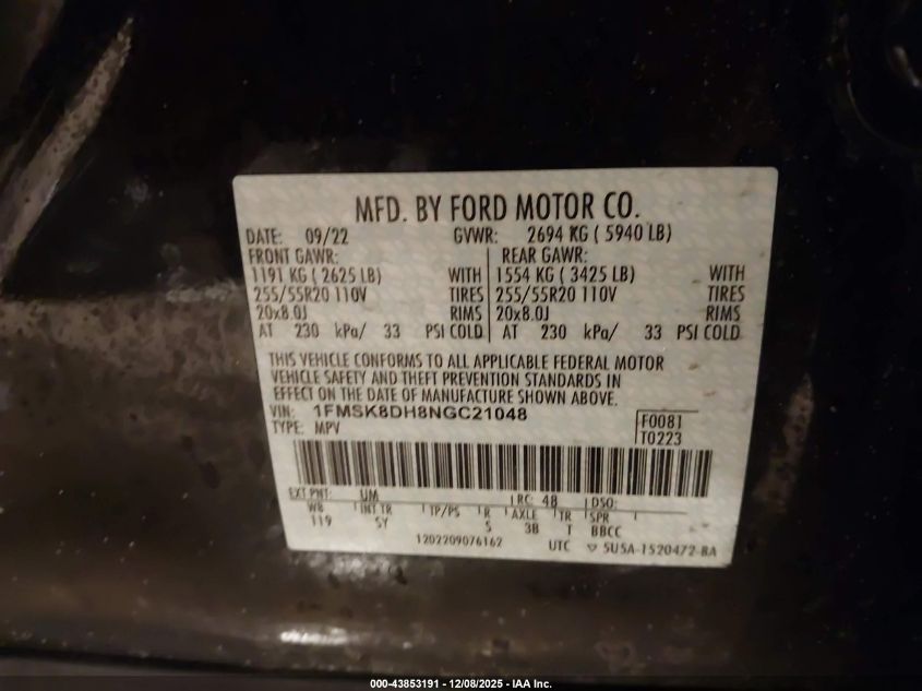 2022 Ford Explorer Xlt VIN: 1FMSK8DH8NGC21048 Lot: 43853191