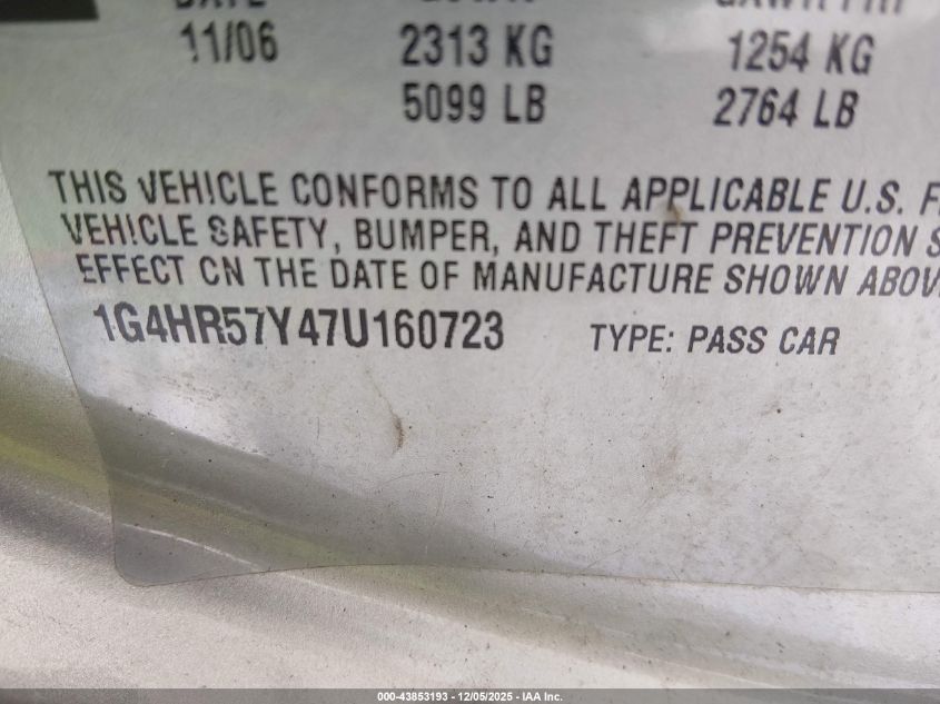 2007 Buick Lucerne Cxl VIN: 1G4HR57Y47U160723 Lot: 43853193