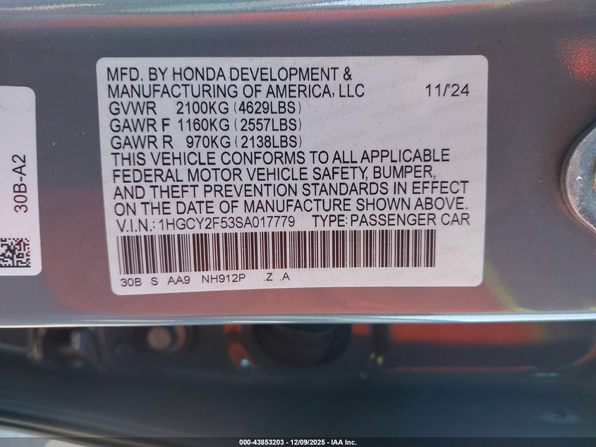2025 Honda Accord Hybrid Sport VIN: 1HGCY2F53SA017779 Lot: 43853203
