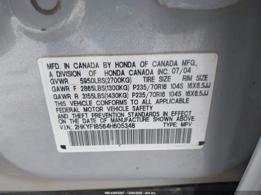 2004 Honda Pilot Ex-L VIN: 2HKYF18564H605348 Lot: 43853207