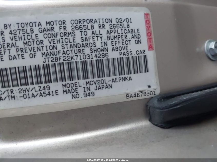 2001 Toyota Camry Le V6 VIN: JT2BF22K710314286 Lot: 43853217