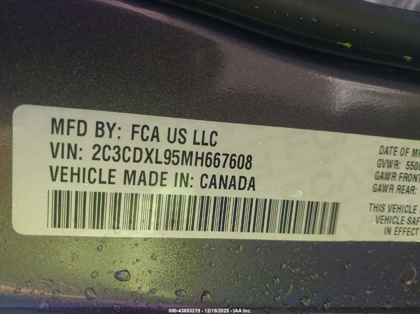 2021 Dodge Charger Srt Hellcat Redeye Widebody Rwd VIN: 2C3CDXL95MH667608 Lot: 43853219