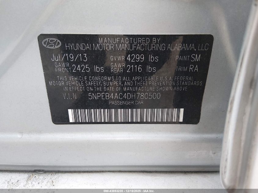 2013 Hyundai Sonata Gls VIN: 5NPEB4AC4DH780500 Lot: 43853235
