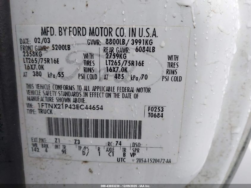 2003 Ford F-250 Lariat/Xl/Xlt VIN: 1FTNX21P43EC44654 Lot: 43853238
