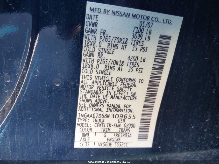 2008 Nissan Titan Se VIN: 1N6AA07D68N309655 Lot: 43853242