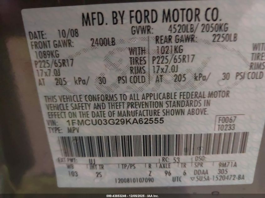 2009 Ford Escape Xlt VIN: 1FMCU03G29KA62555 Lot: 43853246