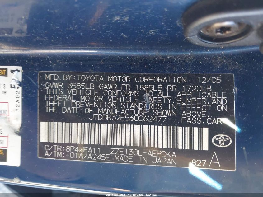 2006 Toyota Corolla Ce VIN: JTDBR32E560062477 Lot: 43853264