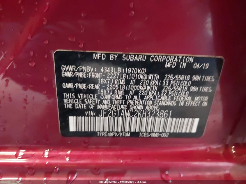 2019 Subaru Crosstrek 2.0I Limited VIN: JF2GTAMC2KH323861 Lot: 43853266