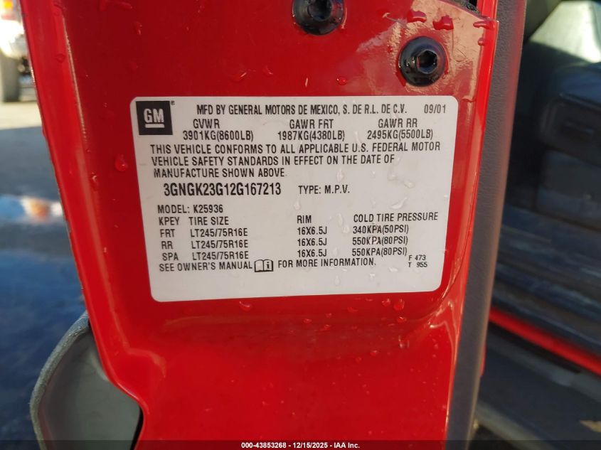 2002 Chevrolet Avalanche 2500 VIN: 3GNGK23G12G167213 Lot: 43853268