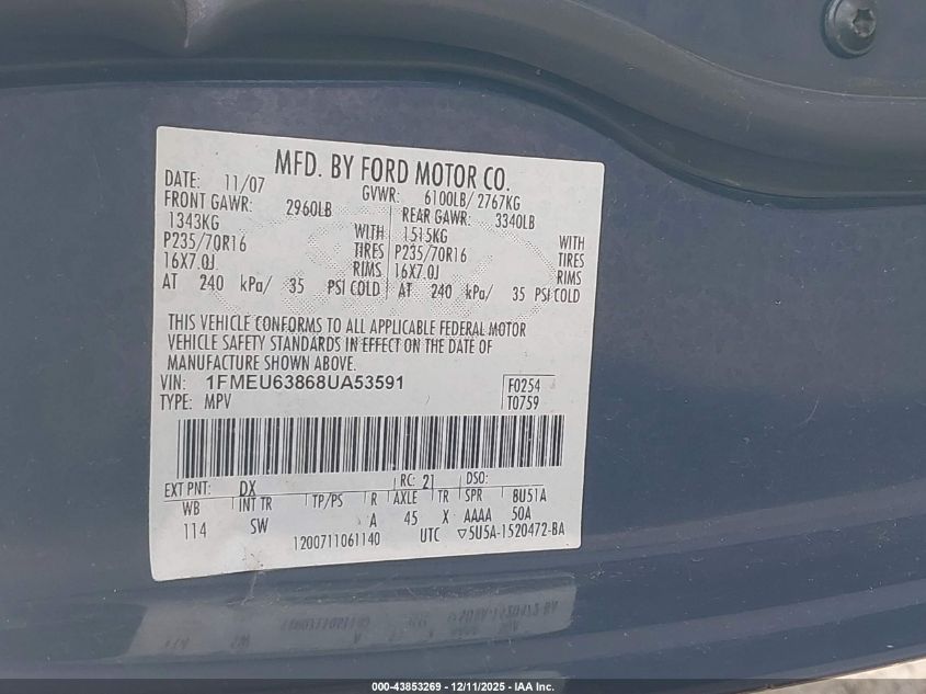 2008 Ford Explorer Xlt VIN: 1FMEU63868UA53591 Lot: 43853269