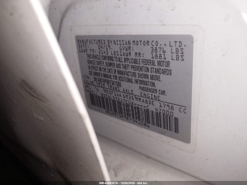 2019 Nissan Sentra Sv VIN: 3N1AB7AP9KY341086 Lot: 43853274