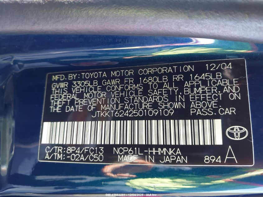 2005 Scion Xa VIN: JTKKT624250109109 Lot: 43853281