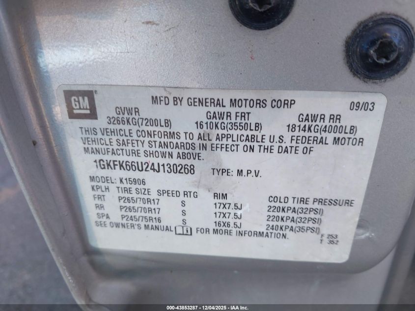 2004 GMC Yukon Xl 1500 Denali VIN: 1GKFK66U24J130268 Lot: 43853287