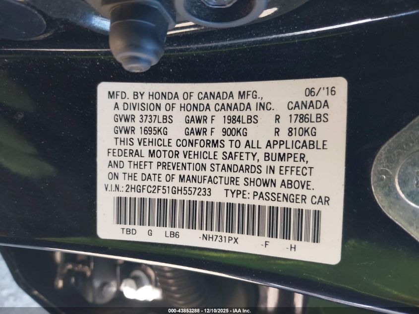 2016 Honda Civic VIN: 2HGSC2F51GH557233 Lot: 43853288