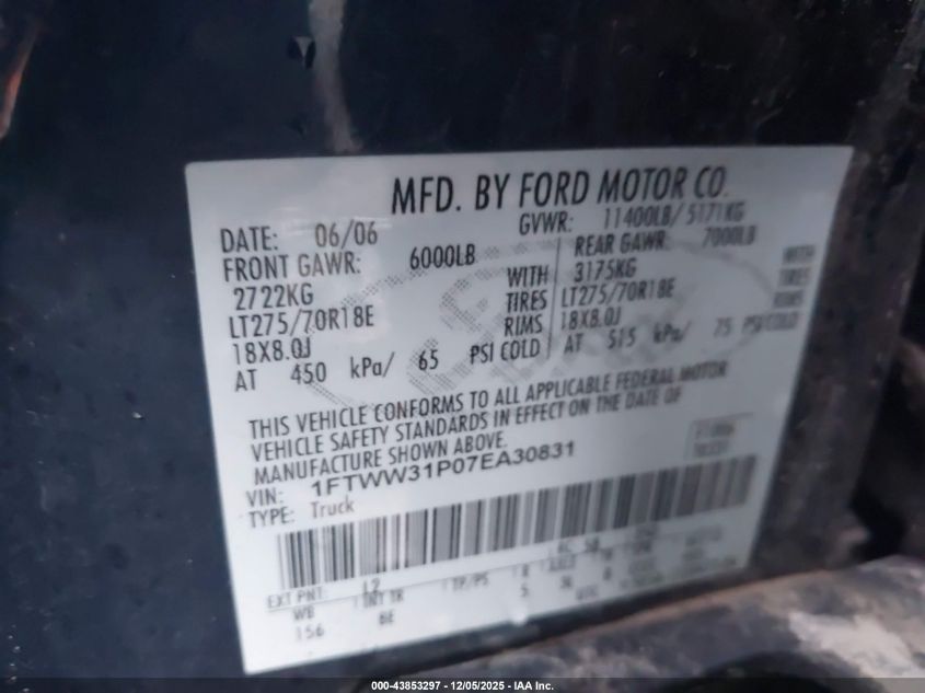2007 Ford F-350 Lariat/Xl/Xlt VIN: 1FTWW31P07EA30831 Lot: 43853297