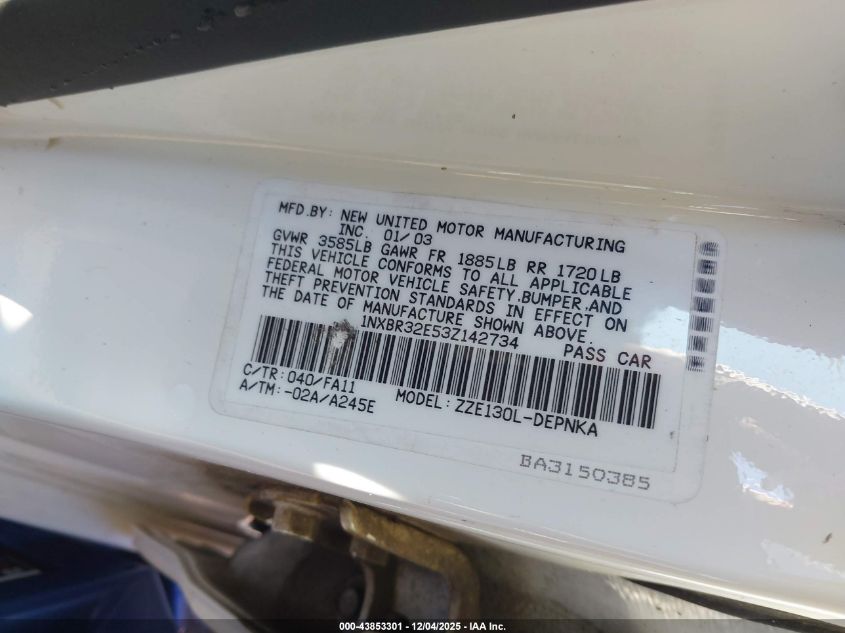 2003 Toyota Corolla Le VIN: 1NXBR32E53Z142734 Lot: 43853301