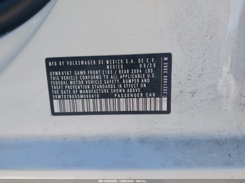 2025 Volkswagen Jetta 1.5T Se VIN: 3VW7X7BU5SM090410 Lot: 43853305