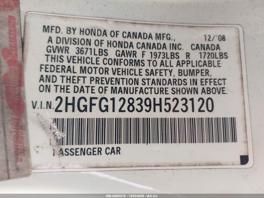 2009 Honda Civic Ex VIN: 2HGFG12839H523120 Lot: 43853310