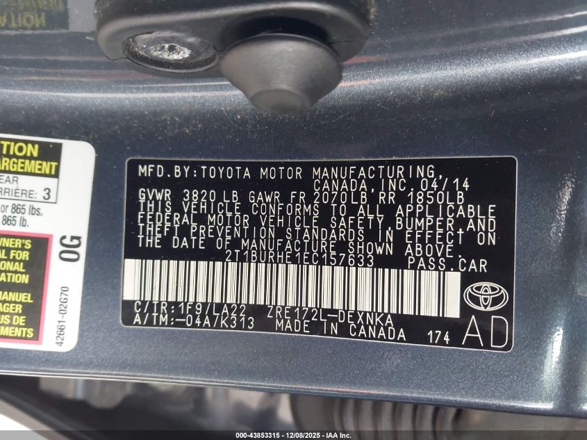 2014 Toyota Corolla Le Premium VIN: 2T1BURHE1EC157633 Lot: 43853315