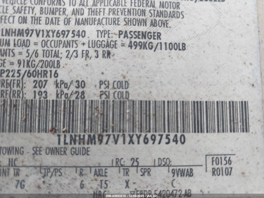 1999 Lincoln Continental VIN: 1LNHM97V1XY697540 Lot: 43853318