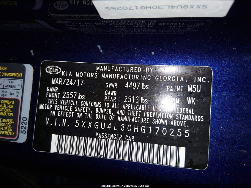 2017 Kia Optima Ex VIN: 5XXGU4L30HG170255 Lot: 43853329