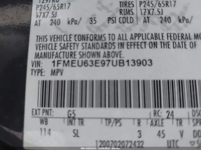 2007 Ford Explorer Xlt VIN: 1FMEU63E97UB13903 Lot: 43853335