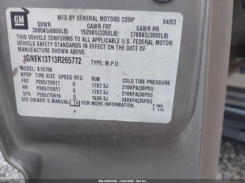 2003 Chevrolet Tahoe Z71 VIN: 1GNEK13T13R265772 Lot: 43853336