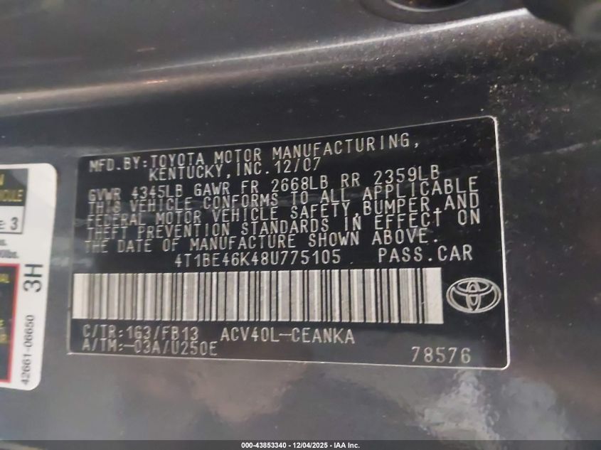 2008 Toyota Camry Le VIN: 4T1BE46K48U775105 Lot: 43853340