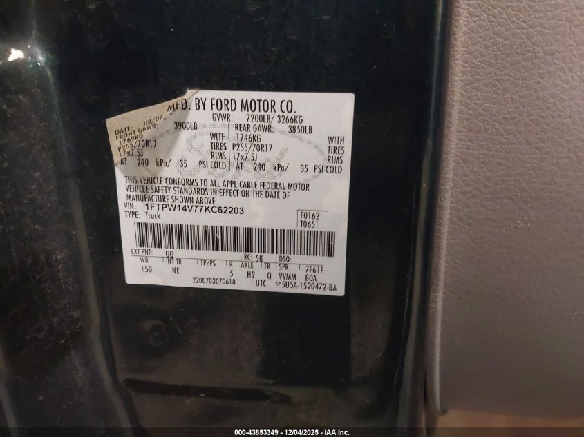 2007 Ford F-150 Fx4/Lariat/Xlt VIN: 1FTPW14V77KC62203 Lot: 43853349