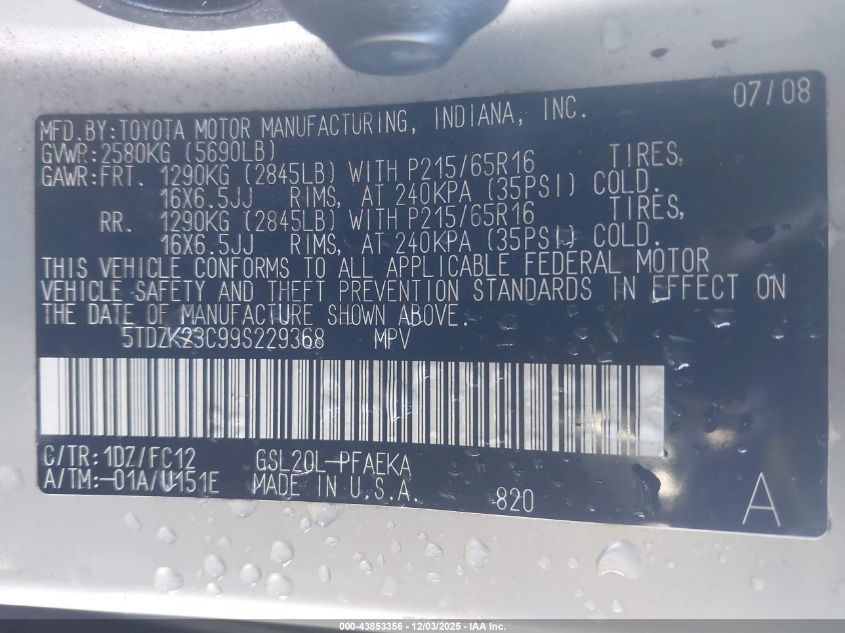 2009 Toyota Sienna Le VIN: 5TDZK23C99S229368 Lot: 43853356