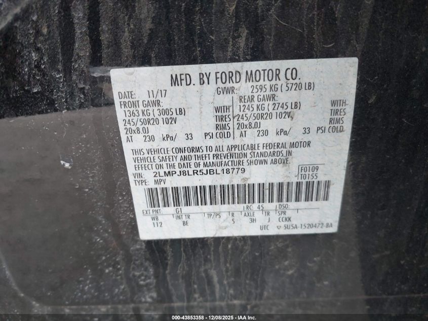 2018 Lincoln Mkx Reserve VIN: 2LMPJ8LR5JBL18779 Lot: 43853358