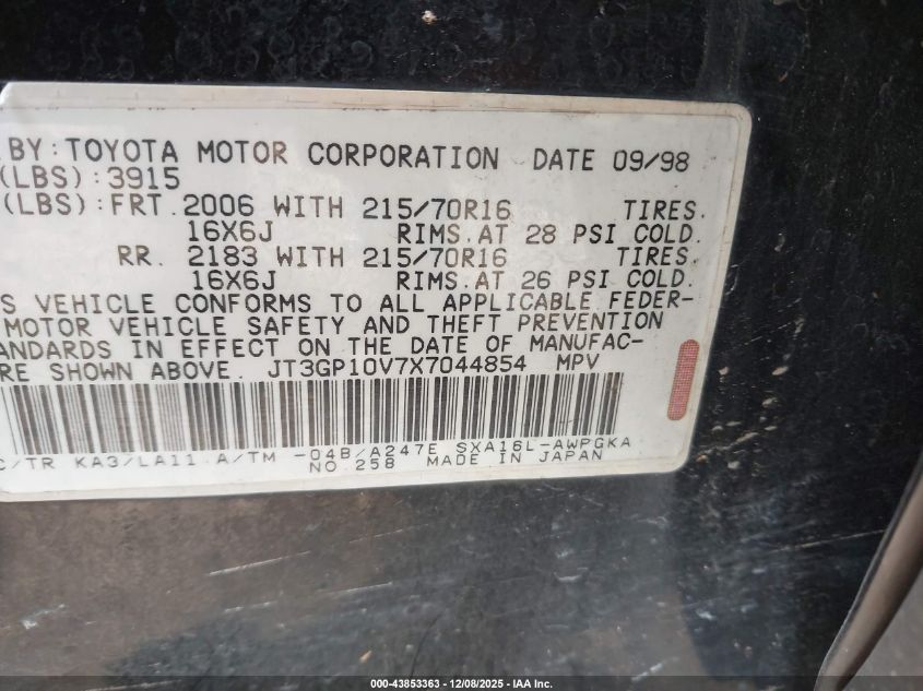 1999 Toyota Rav4 VIN: JT3GP10V7X7044854 Lot: 43853363