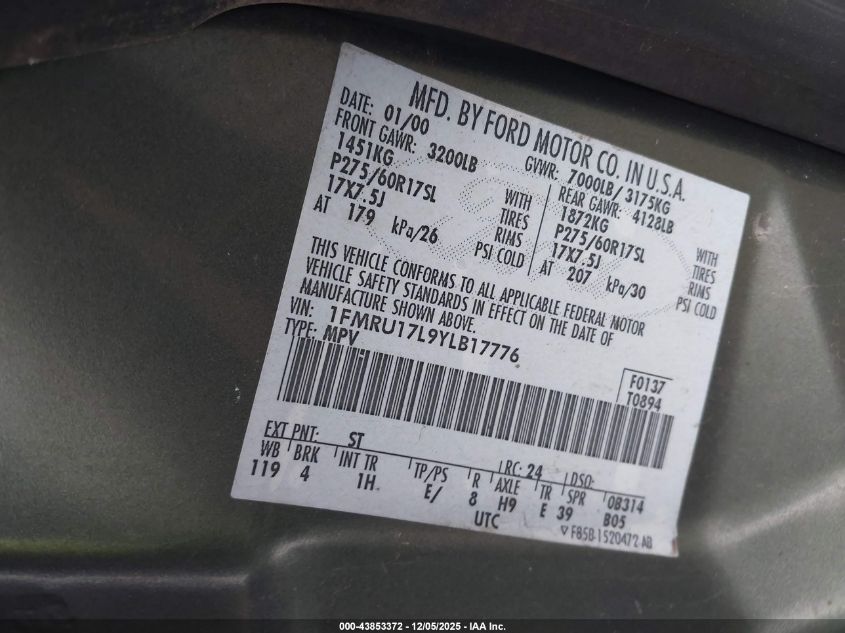 2000 Ford Expedition Eddie Bauer VIN: 1FMRU17L9YLB17776 Lot: 43853372