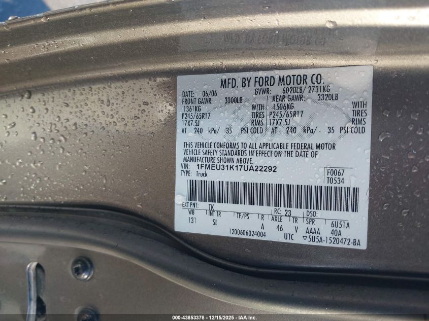 2007 Ford Explorer Sport Trac Xlt VIN: 1FMEU31K17UA22292 Lot: 43853378