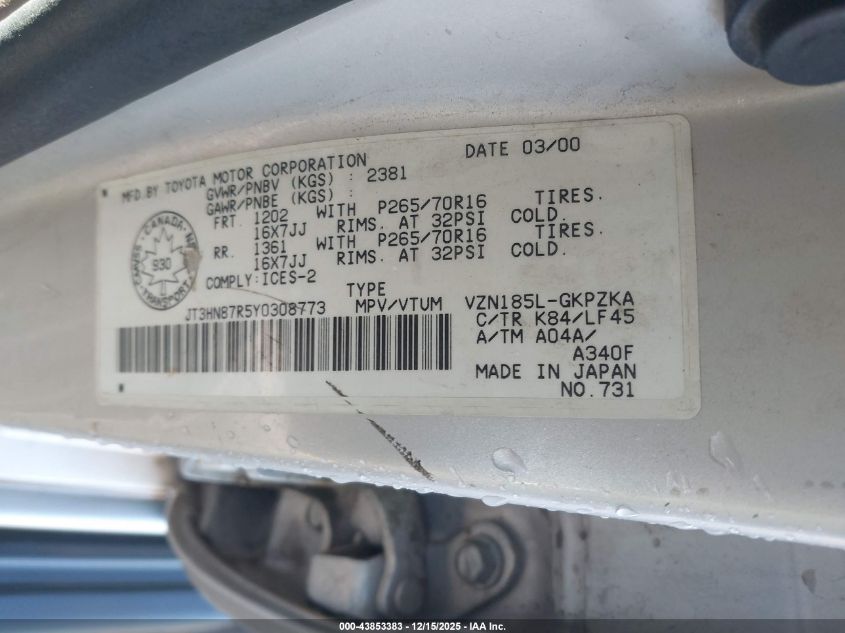 2000 Toyota 4Runner Limited VIN: JT3HN87R5Y0308773 Lot: 43853383