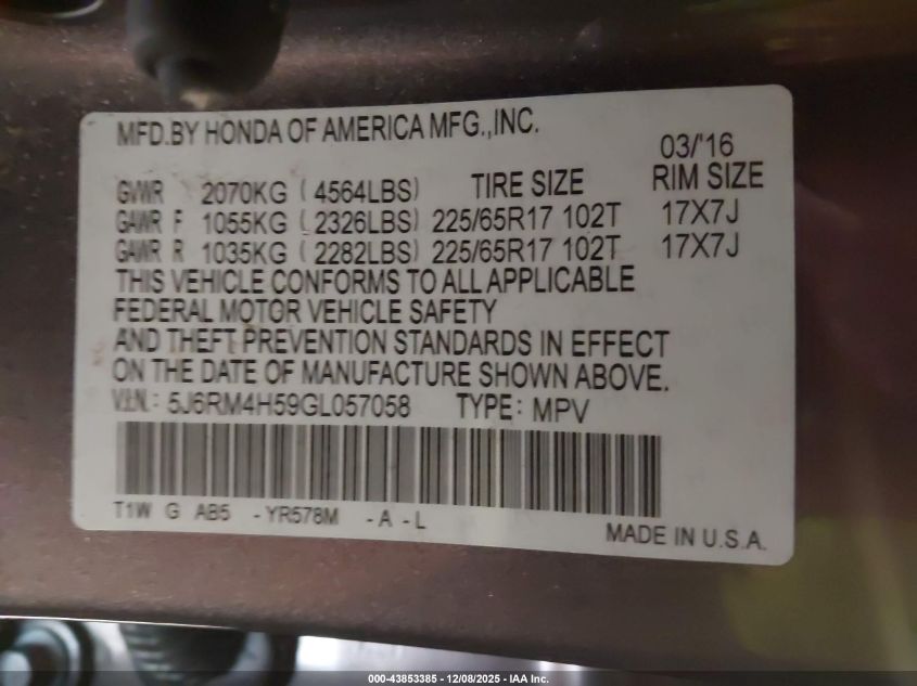 2016 Honda Cr-V Ex VIN: 5J6RM4H59GL057058 Lot: 43853385