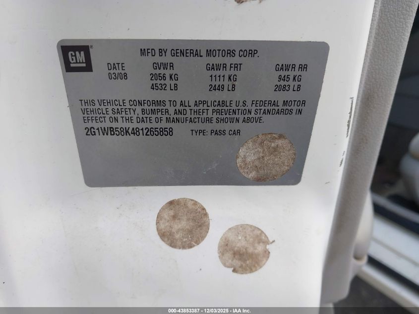 2008 Chevrolet Impala Ls VIN: 2G1WB58K481265858 Lot: 43853387